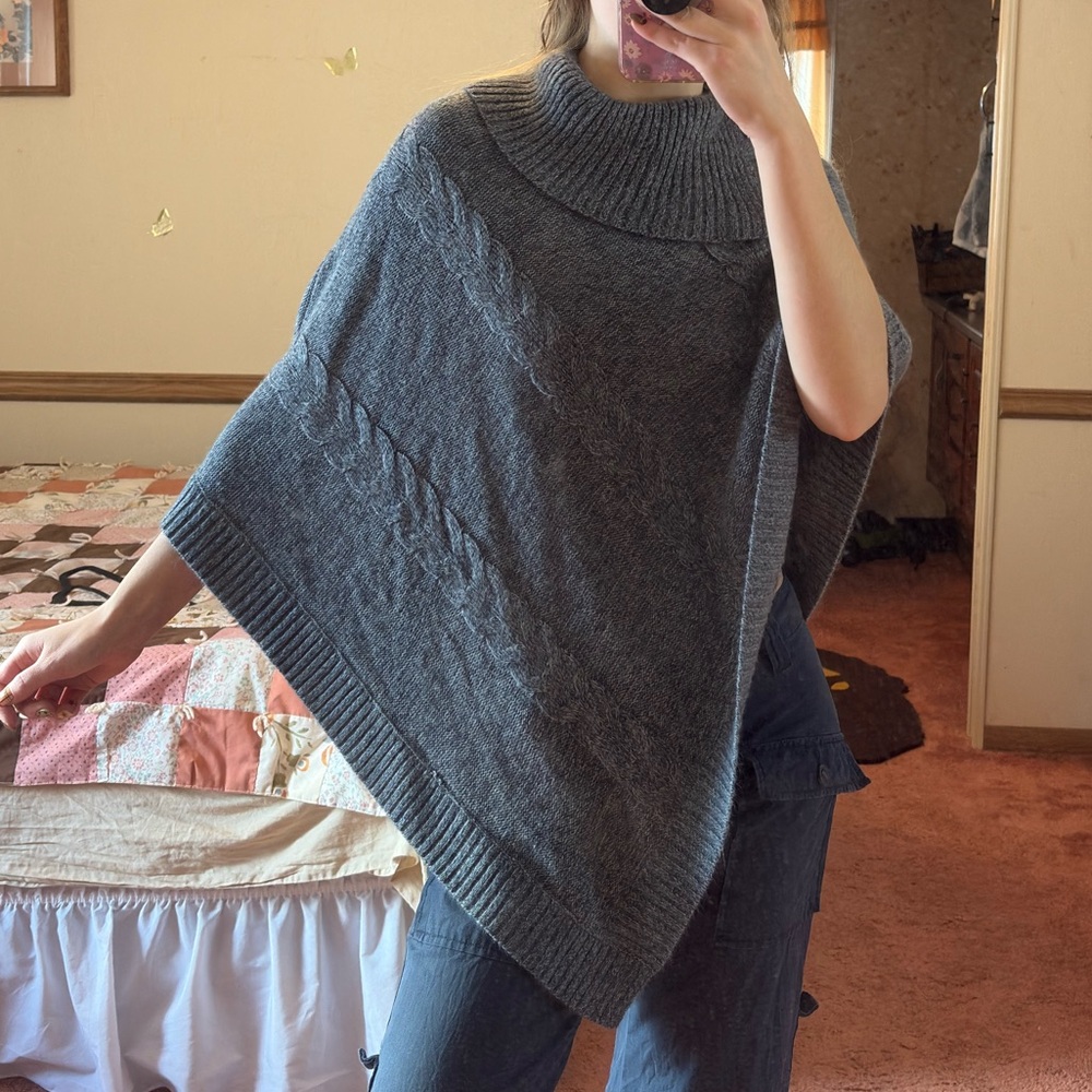 Karen Scott Dusty Blue Asymmetrical Knit Poncho
